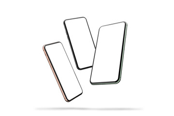  Set of smartphones in different colors with blank screen, isolated on white background. Template, mockup.