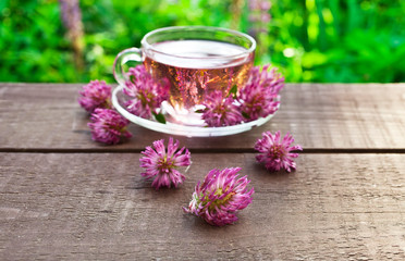 Clover flower tea in the glass cup on a wooden table.