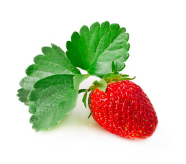 Fresh strawberriy with green leaves isolated on a white background.