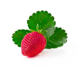 Fresh strawberriy with green leaves isolated on a white background.