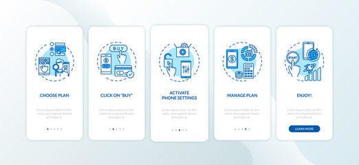 Tariff plan activation onboarding mobile app page screen with concepts. Internet service choice walkthrough 5 steps graphic instructions. UI vector template with RGB color illustrations