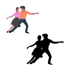 Fototapeta na wymiar Dancing couples silhouettes on white background. People in 1940s or 1950s style. Men and women on swing, jazz, lindy hop or boogie woogie party. Vector illustration isolated .