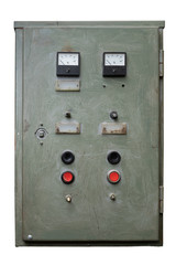 Old switchboard with toggles, pushbuttons and analog indicators