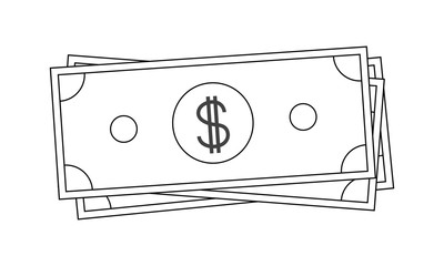 Vector dollar sign, icon, paper money, dollar bills. Vector illustration in a linear style isolated on white background. Financial products. Income, credit, savings.