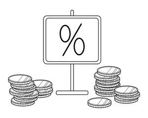 Information plate with percent and coins. Deposit, account, sale, percentage of price increase, crisis, credit, discount, finance. Vector illustration isolated on a white background.