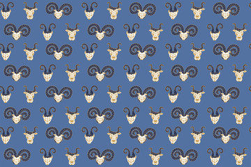 Seamless pattern of hand-drawn lamb, goat and bull heads with white faces in ethnic style on a light blue background. Mystical animals. For fabric, textile, labels, wallpaper, wrapping. Vector.