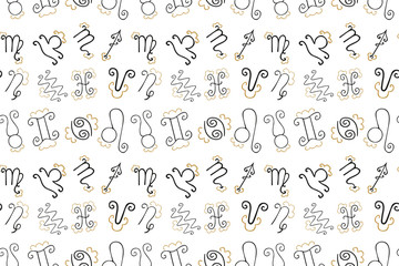 Symbols seamless pattern of 12 zodiac signs of black color with gold decorative curlicues on a white background. Hand drawing. Fabric, textile, covers, yoga mats, wrapping paper, scrapbooking. Vector.