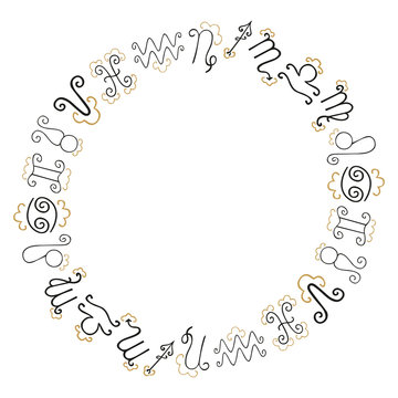 Round frame of 12 zodiac symbols of black color with gold decorative curlicues on a white background. Round border pattern. Hand drawing. Place for text. Vector.