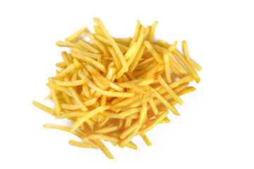 Pile of french fries isolated on a white background. View from above. Unhealthy food.
