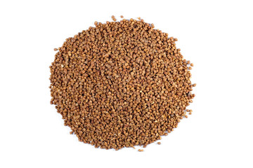Heap of buckwheat isolated on white. Top view, Agriculture.
