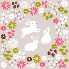 Spring, happy Easter background card, cute bunny with floral garden wreath