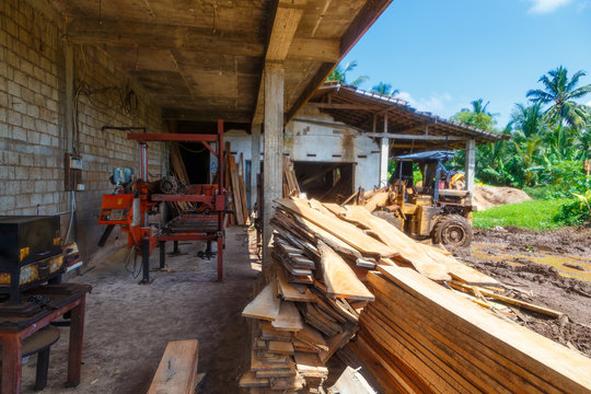 old small sawmill with worn-out wood-cutting equipment, Asia, Sri Lanka, tropics.