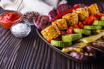 appetizing fresh grilled vegetables in a cast iron skillet