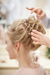 Makeup artist, hair professional stylist makes young beautiful bride bridal makeup before wedding...