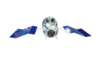 Orbital artificial earth satellite with blue solar panels on sides surface probing isolated on...