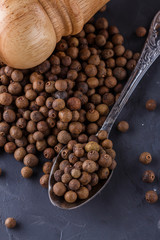 fresh spicy peppers allspice on a dark stone background