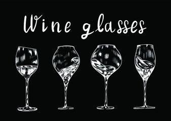 Wine,champagne glasses , chalk vector isolated on black background . Concept for menu, cards, logo , invitation 