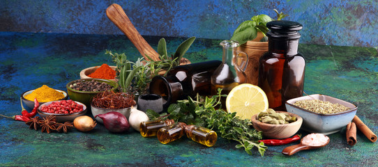 Spices and herbs on table. Food and cuisine ingredients with pepper