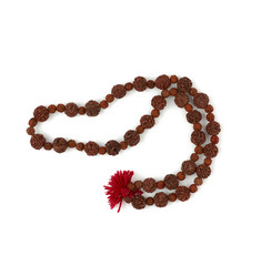 Rudraksha prayer beads for meditation isolated on white background, top view