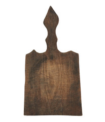 very old brown wooden carved kitchen cutting board with handle