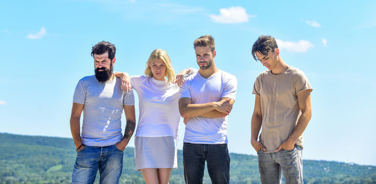 Group sad people. Go social. Youth psychology. Young people bonding. Spending time with friends. Men and woman sky background. Psychological help. People in depression. Overcoming hard times together