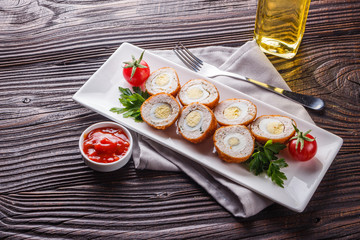 Scotch egg meat balls on rustic wooden background