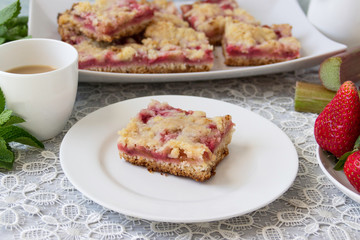 Homemade pie with fresh strawberries and rhubarb.