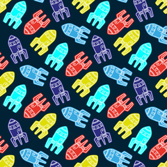 Bright multi-colored rockets isolated on a dark blue background. Seamless pattern. Vector graphic hand drawing. Texture.