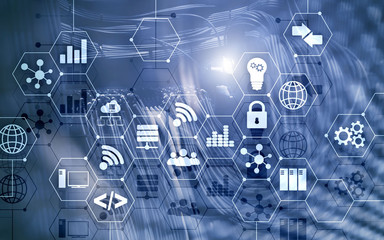Abstract Internet digital technology concept server rack room background.