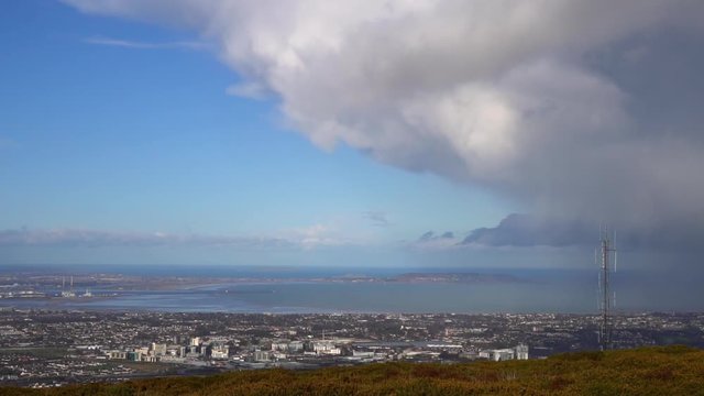 Stunning view of Dublin city and port from Ticknock, 3rock, Wicklow mountains. Yellow and green plants in foreground