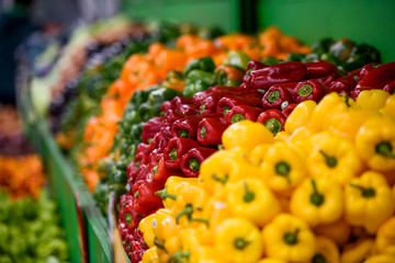Vegetable Market. Fresh paprika placed on the market shelves