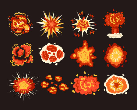 Explosion shot flame bang isolated set collection. Vector flat graphic design cartoon illustration