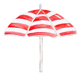 watercolor hand drawn umbrella with red and white stripes for summer beach season isolated on white background
