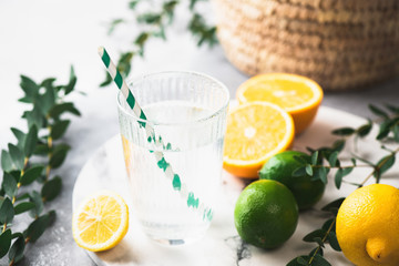 Refreshing cold citrus soda water. Summer lemonade cocktail
