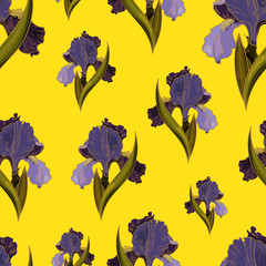 Fototapeta na wymiar Vector iris pattern on yellow background. Decorative irises. Can be used for printing, wallpaper, wrapping paper, textiles, clothing design, web design, linens, greetings, holidays and posters. Home d