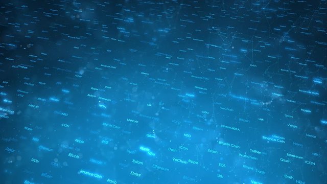 Artistic business background with cryptocurrency blockchain word cloud copy space animation.