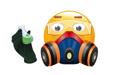 Emoji in a respirator and chemical protection glasses. Emoticon in a respirator and with a flask with green liquid in hands. Emoji in a gas mask. Vector illustration