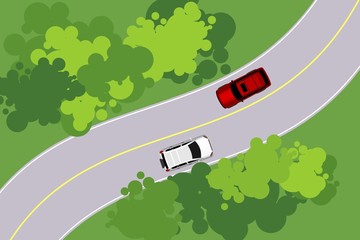 bird view of country road with two cars meeting