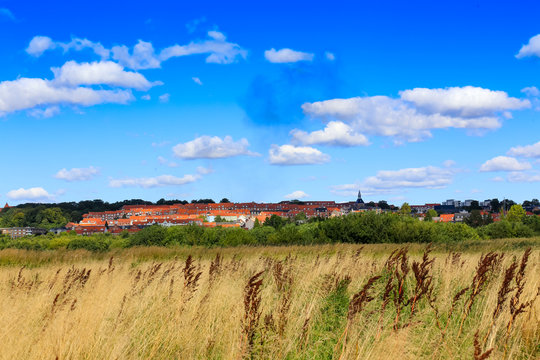 Randers landscape with field and blue sky in Denmark