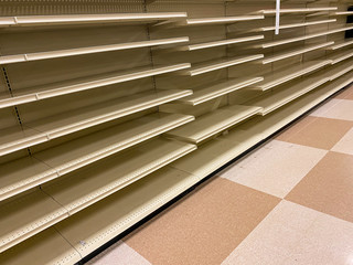 Empty Grocery Store Shelves With No Products Available After Sell Out
