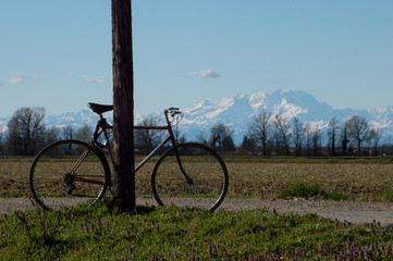 Fototapeta na wymiar Farming landscape with the wonderful Alps mountains in the background in northern Italy just outside Milan. A bike tour on a sunny spring day
