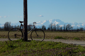 Fototapeta na wymiar Farming landscape with the wonderful Alps mountains in the background in northern Italy just outside Milan. A bike tour on a sunny spring day