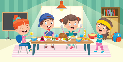 Four Little Children Eating At Kitchen