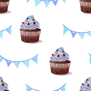 watercolor blue cupcake seamless pattern on white background.Can be used as birthday invitation template, scrapbooking, wallpaper,layout,fabric,textile,wrapping paper
