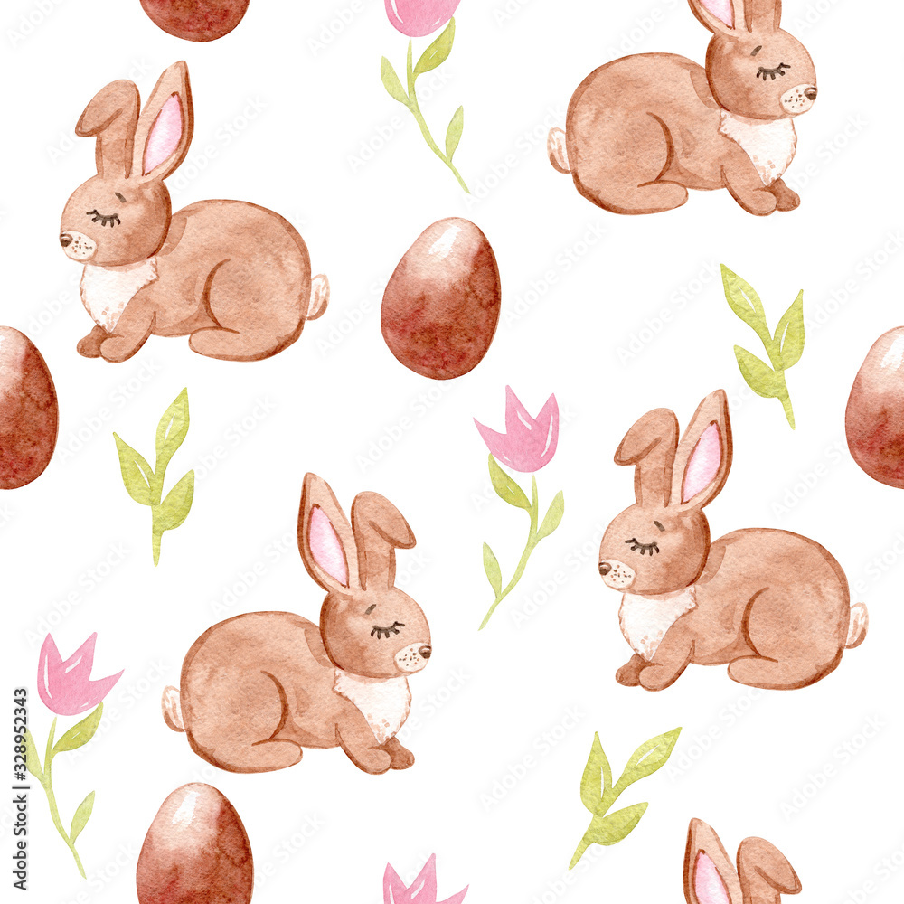 Wall mural watercolor hand drawn easter brown bunny and chocolate eggs and flowers seamless pattern on white ba