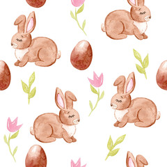 Watercolor hand drawn easter brown bunny and chocolate eggs and flowers seamless pattern on white background.Can be used as invitation template ,scrapbooking, wallpaper,fabric,textile,wrapping paper