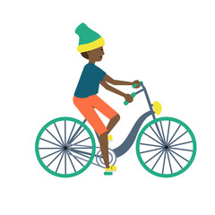 Teenager boy on a bicycle vector cartoon on a white background.
