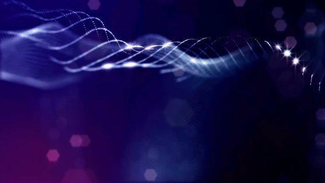looped blue animated abstract sci-fi background with wavy glow particles like micro world, cosmic space or digital big data, blockchain, point nodes connection. Wave strings like DNA