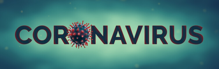 Coronavirus text with microscopic view of Novel Coronavirus (2019-nCoV). Panoramic.