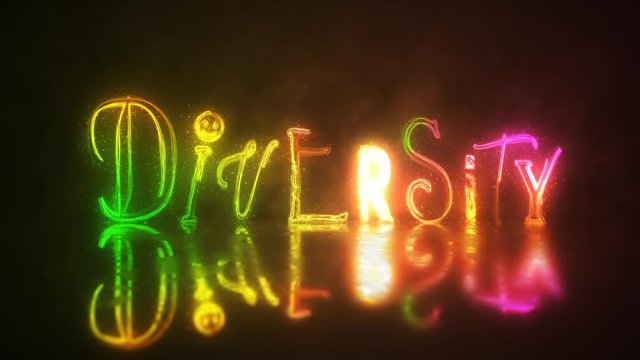 Diversity Rainbow Lights Reflection 4K Loop features the word diversity made of different fonts and coming on screen with hand-written electricity in a rainbow of color and eventually looping